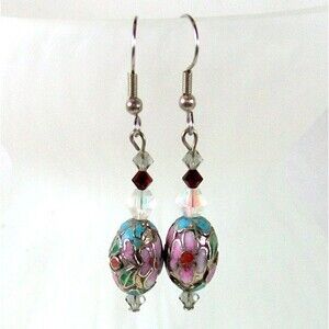 Blue Cloisonne Bead Dangle Earrings, Handmade Light Blue Earrings w/ Crystals